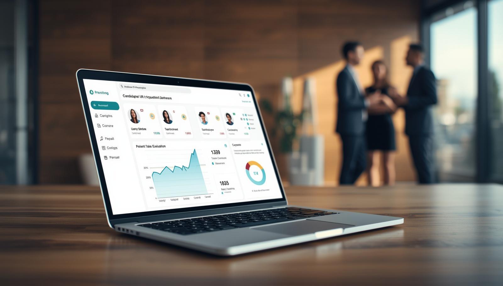 Clean editorial image of laptop displaying professional HR recruitment software dashboard with candidate profiles and AI analytics in foreground, sleek modern office environment with warm natural lighting, pro